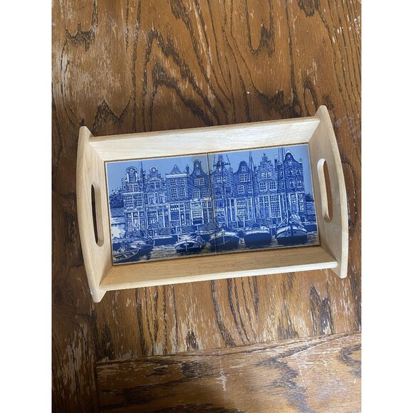 Vintage Wooden Serving Tray With Delft Blue Tile Inlay Featuring Canal Houses & - Picture 1 of 8